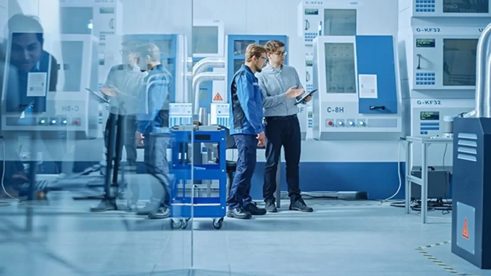 Two engineers reviewing machinery in MTC's manufacturing labs