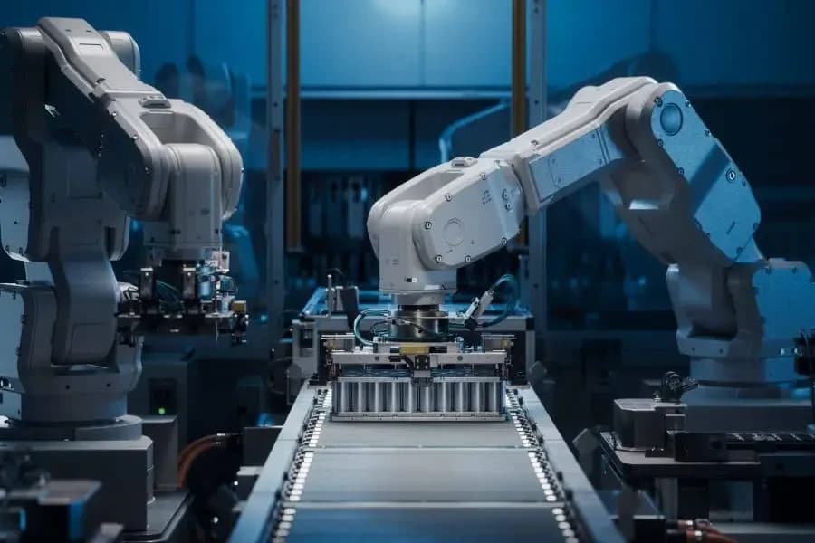 Robotic arms assembling battery packs on an automated production line